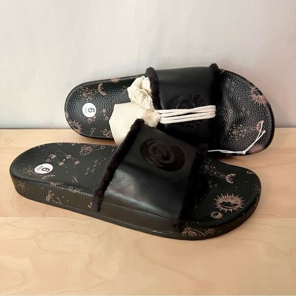 NEW Johnny Was Calme black leather astrology fur lined slip on slide sandals 9 - Picture 1 of 8